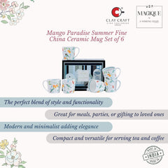 Magique by The Wishing Chair x ClayCraft : Mango Paradise Summer Fine China Ceramic Mug Set of 6 | 200 ml | Tea Cup Set of 6 | Mugs for Coffee | Ideal for Gifting | Perfect for Home & Office
