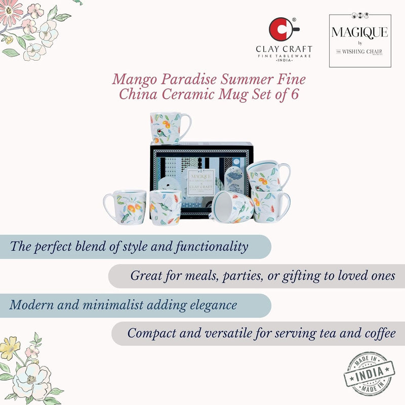 Magique by The Wishing Chair x ClayCraft : Mango Paradise Summer Fine China Ceramic Mug Set of 6 | 200 ml | Tea Cup Set of 6 | Mugs for Coffee | Ideal for Gifting | Perfect for Home & Office