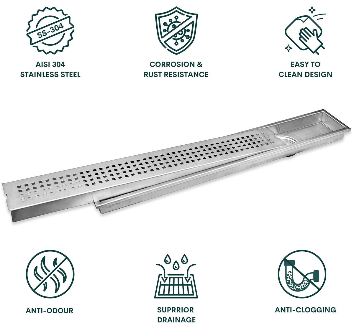 Plantex 304 Grade Stainless Steel Long Shower Drain/Floor Trap/Jali Removable Grate/Lid for Bathroom and Kitchen (10 x 45 cm - Matt) (A418-Square)-3
