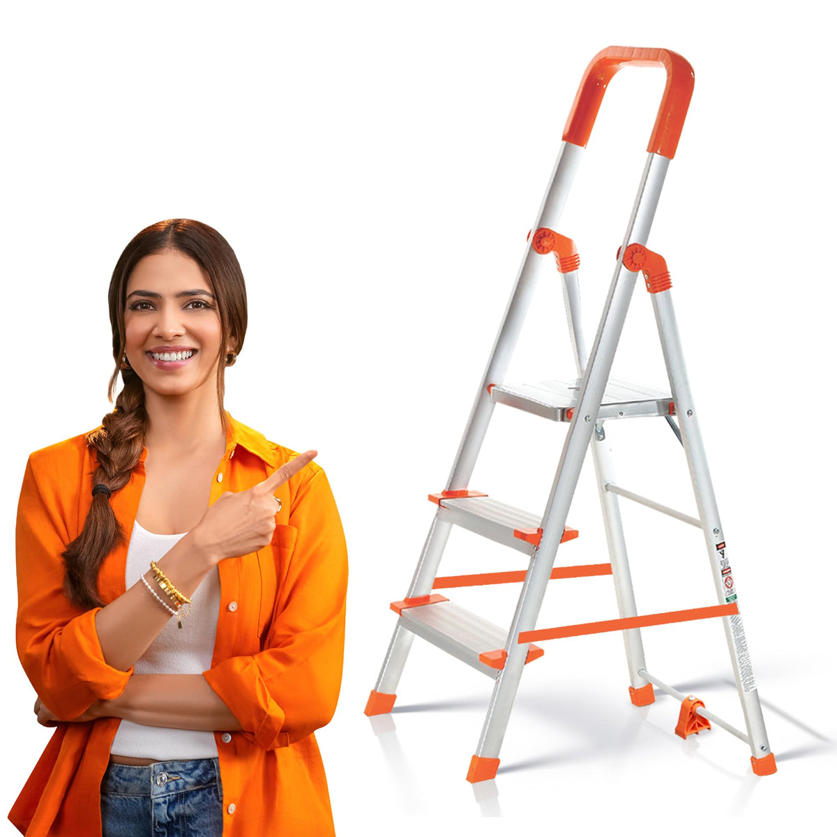 PROHOME Aluminium Ladder for Home 5 Steps Foldable with Railing & Anti-Skid Wide Steps | 5 Step Ladder for Home Use, Kitchen & Household | 250 Kg Capacity Folding Ladder | 5 Year Warranty (Orange)