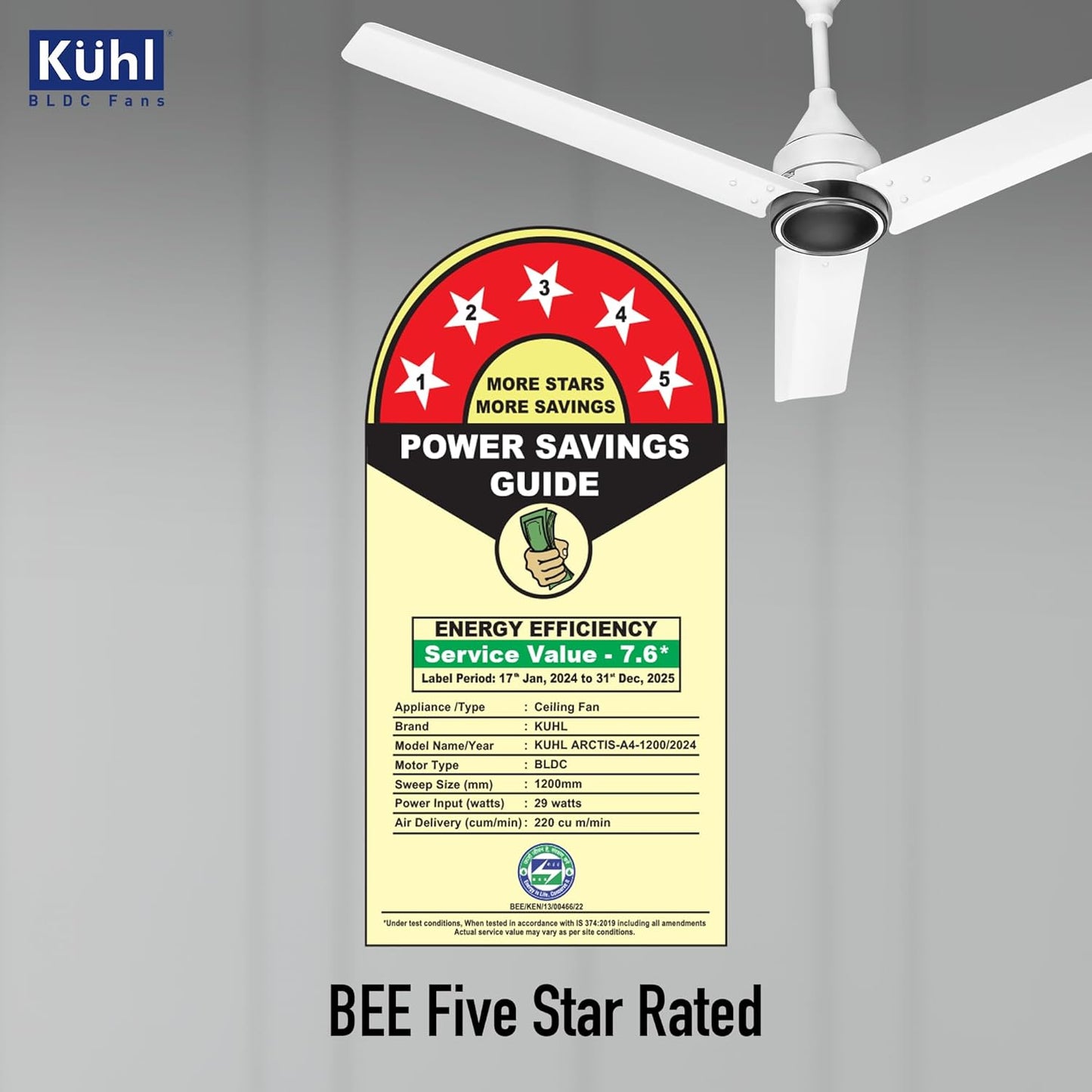 KUHL Arctis A4 1200 mm BLDC 65% Power Saving BLDC Ceiling Fan With Remote | BEE 5 Star Rated & ISI Marked | High Air Flow | 5 Year Warranty on Motor | White Dual