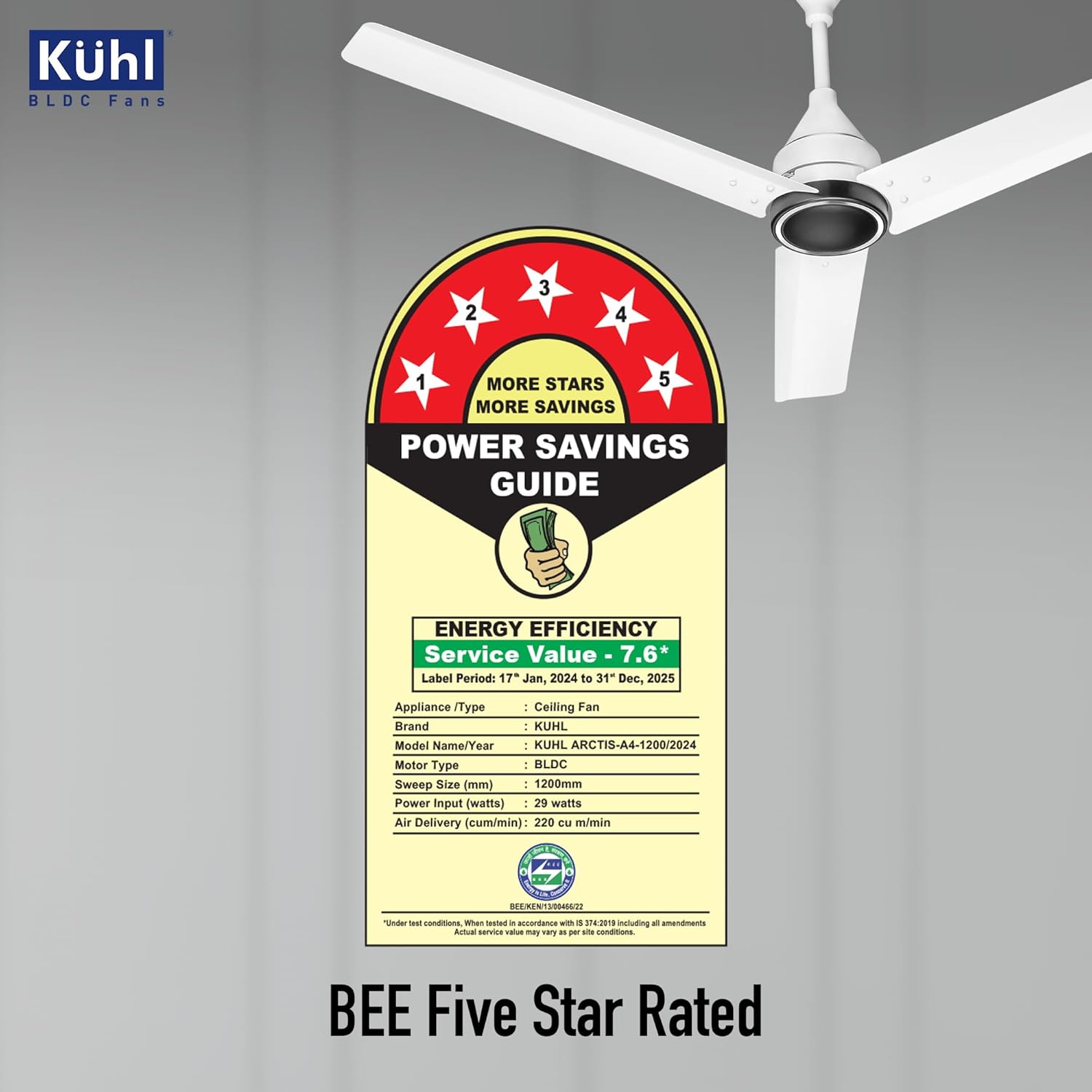 KUHL Arctis A4 1200 mm BLDC 65% Power Saving BLDC Ceiling Fan With Remote | BEE 5 Star Rated & ISI Marked | High Air Flow | 5 Year Warranty on Motor | White Dual