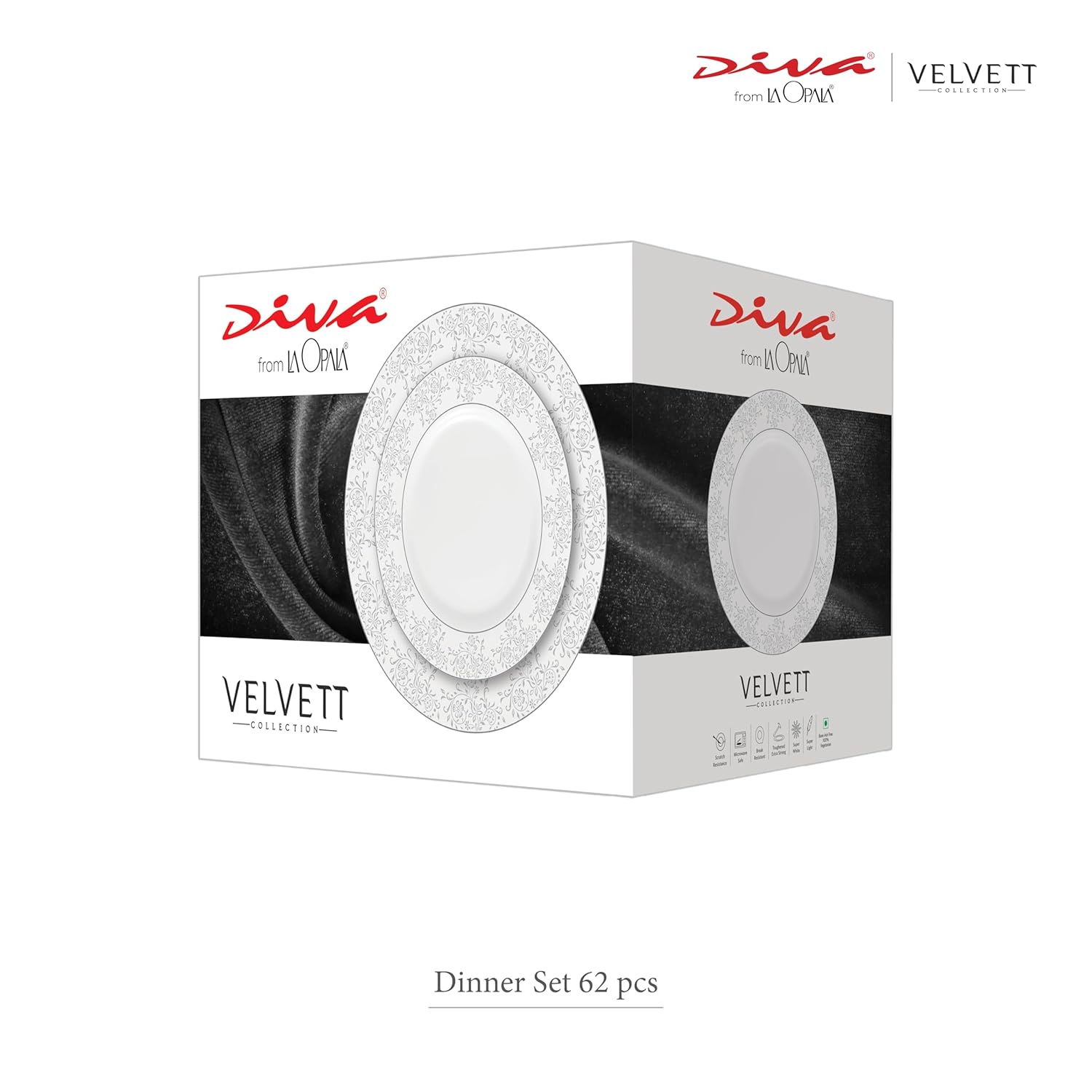 La Opala Diva Velvett Collection Opal Glass Crockery | for Family of 8 | Dinner Set 62 pcs Stella Grey | Plates & Bowls for Dining | Microwave Safe | 100% Vegetarian | Extra Strong | Light & White