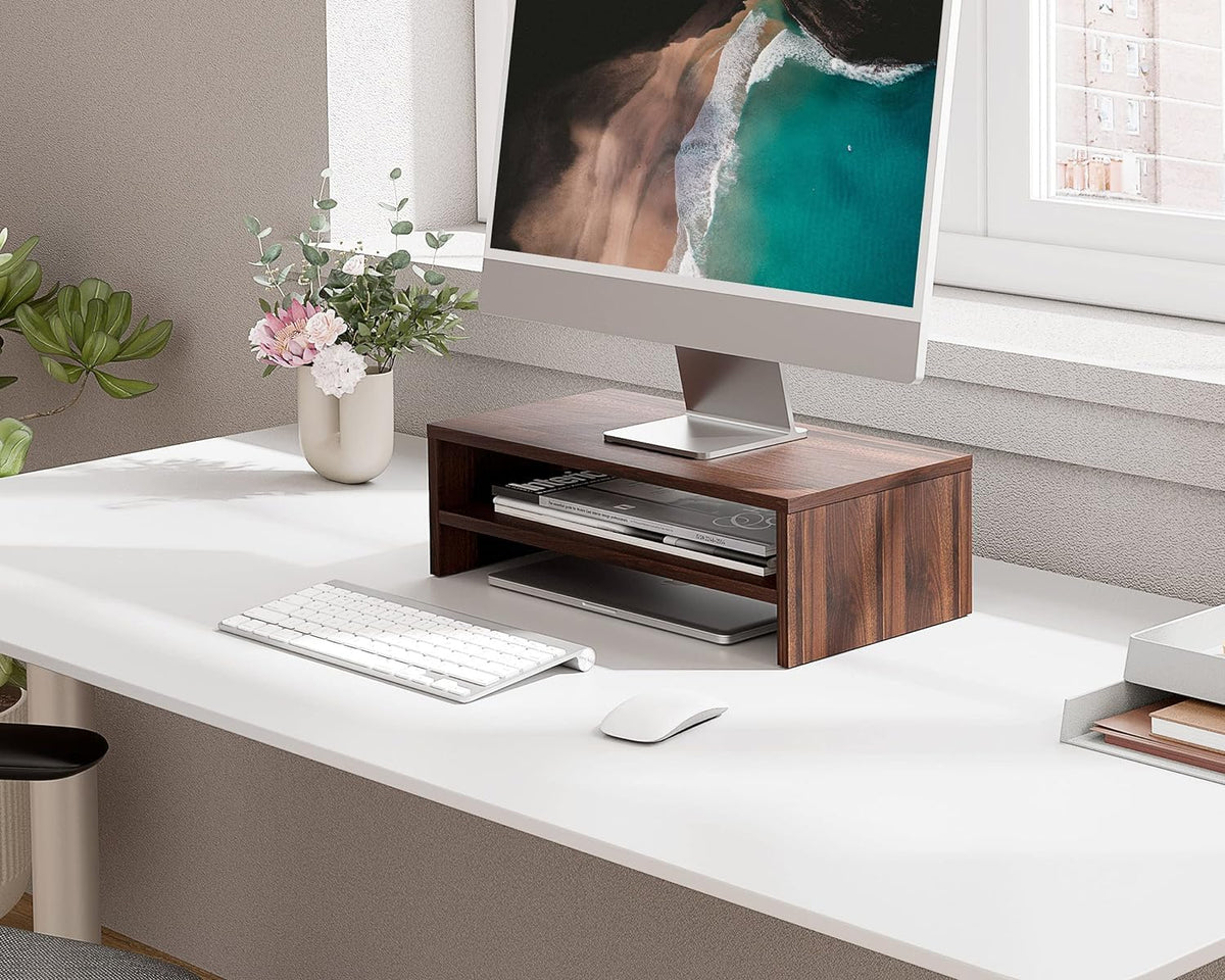 Sheesham Wood Monitor Stand - 2 Tier Computer Riser, Ergonomic Desk Organizer for Laptop Screen, Office Supplie