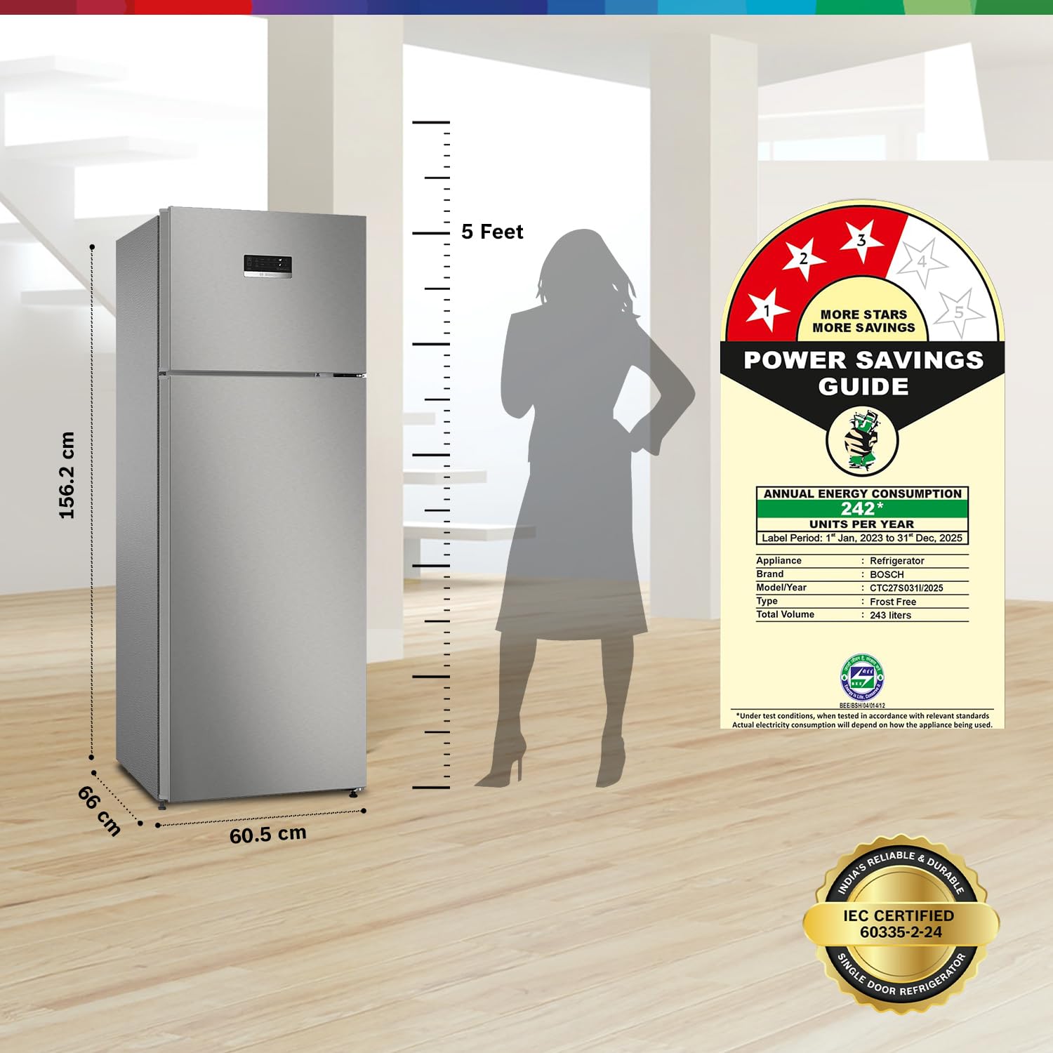 Bosch 243L 3 Star Inverter Frost free Double Door Refrigerator (2023 Model, CTC27S031I, 6-in-1 Convertible, 18 Hours Cooling Retention, Digital Display, Super Freeze, 80min Covert, Silver Inox)