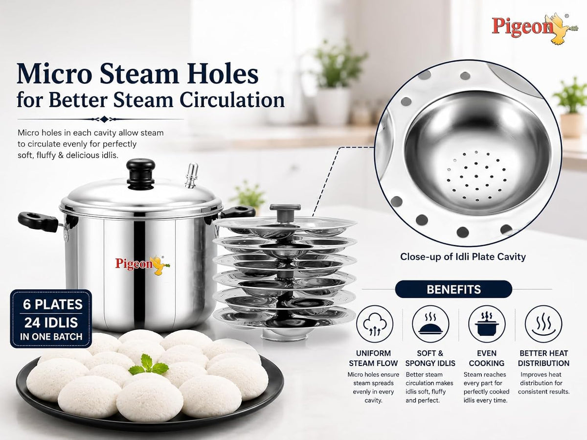 Pigeon Desire Stainless Steel Idli Cooker | ISI Certified Steamer Pot