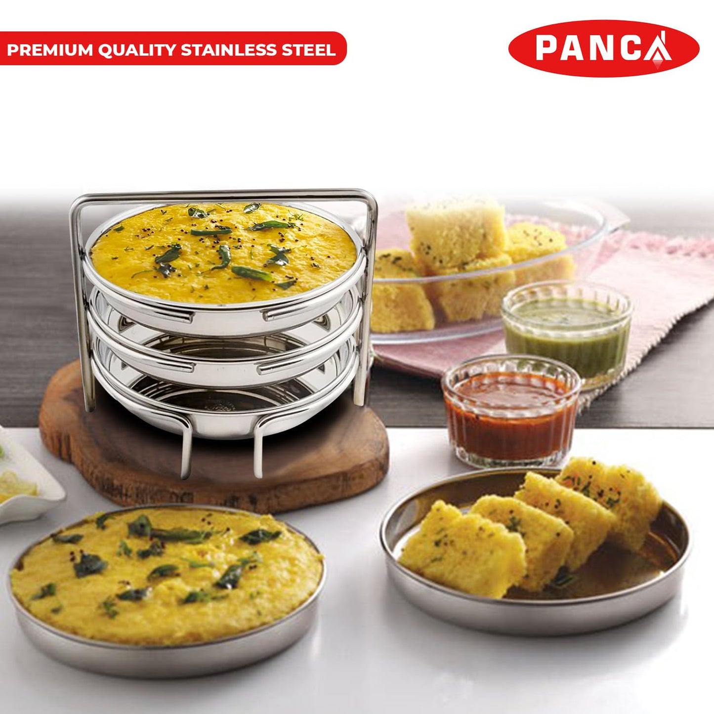 PANCA Stainless Steel Dhokla Maker, Thatte Idli Maker, 3 Big Plates, 16 cm Plates Set With Stand, Fits in all Cookers, Dhokla Stand | Dhokla Plate Only | Thattu Idli Plate | Idli and Dhokla Maker | Khaman Dhokla Plate