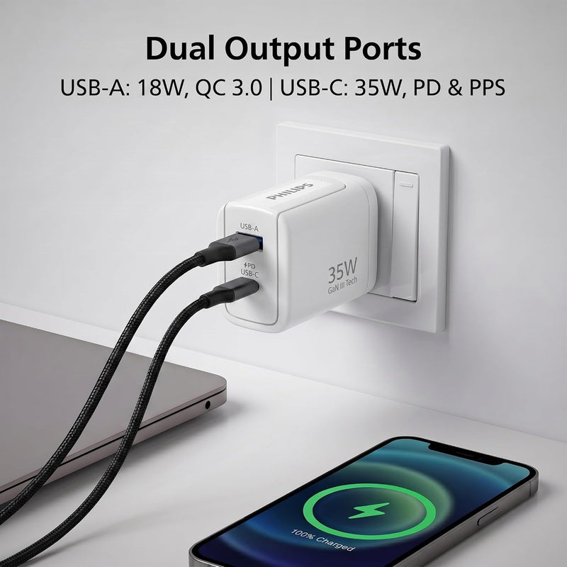 Philips DLP5322NW/94 Gen III Tech 35W Fast Charging Wall Charger (Alba White)