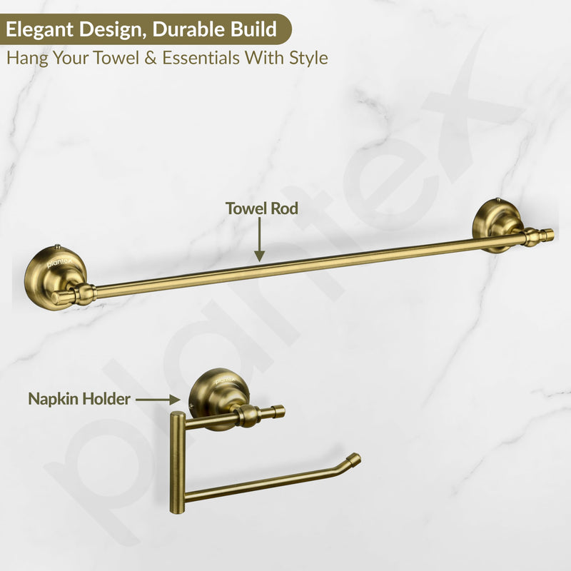 Plantex 304 Grade Stainless Steel Bathroom Accessories Set of 5 - Towel Rod/Hand Napkin Hanger for WashBasin/Soap Case/Toothbrush Holder/Robe Hook - Skyllo (Brass Antique)-5