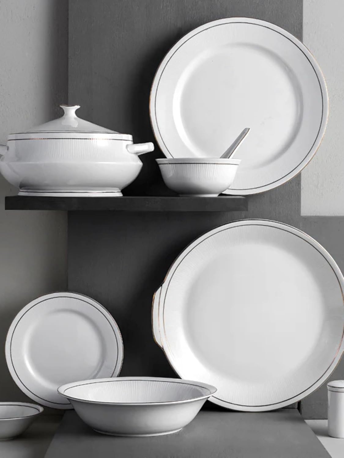 Clay Craft Fine Ceramic Ebony Dinner Set - Enchanting Gold - Family of 4 - 13 Piece Dining Set