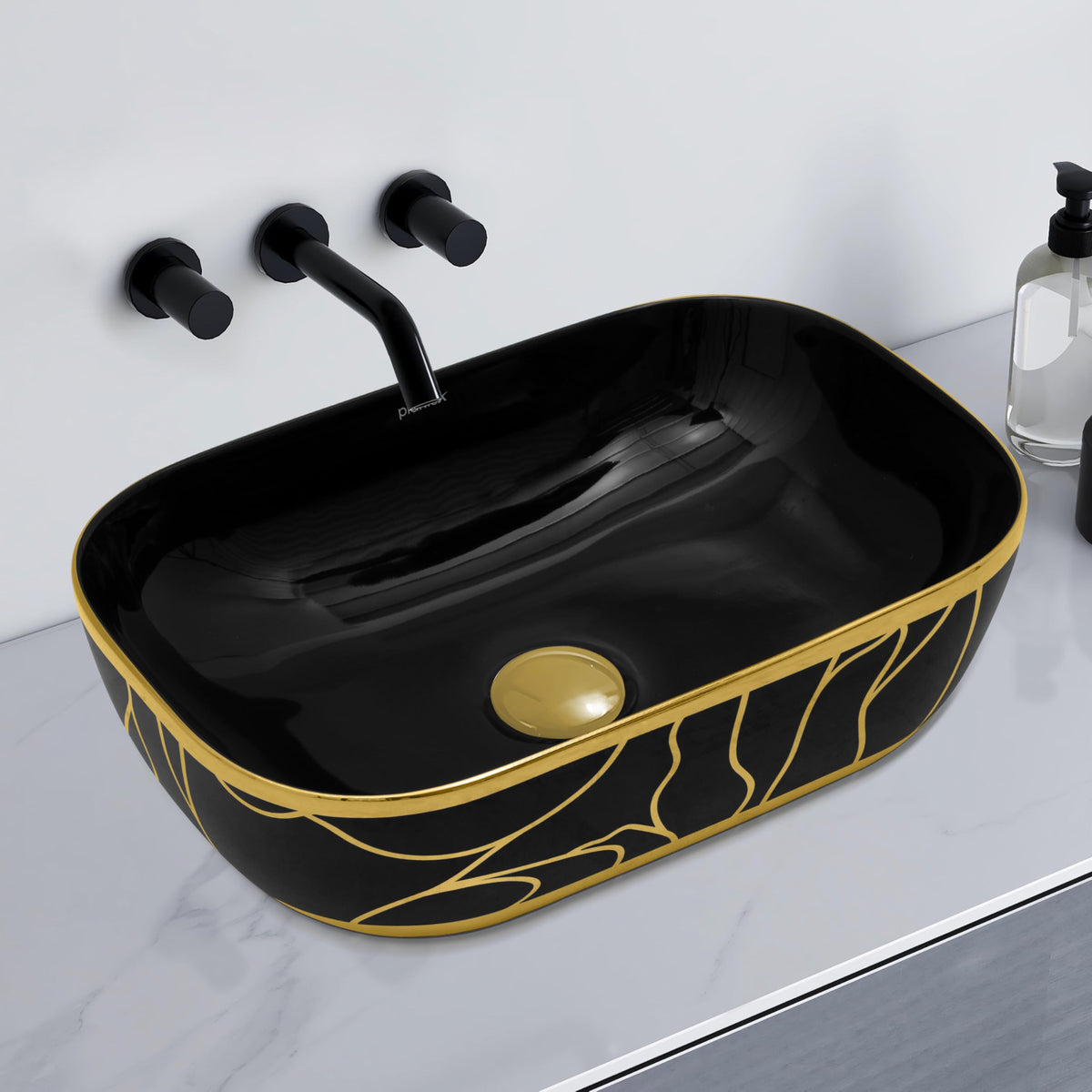 Plantex Ceramic Designer Washbasin for Bathroom/Countertop Basin/Rectangle Tabletop Wash Basin for Home/Office - (16010, Black & Gold)-1