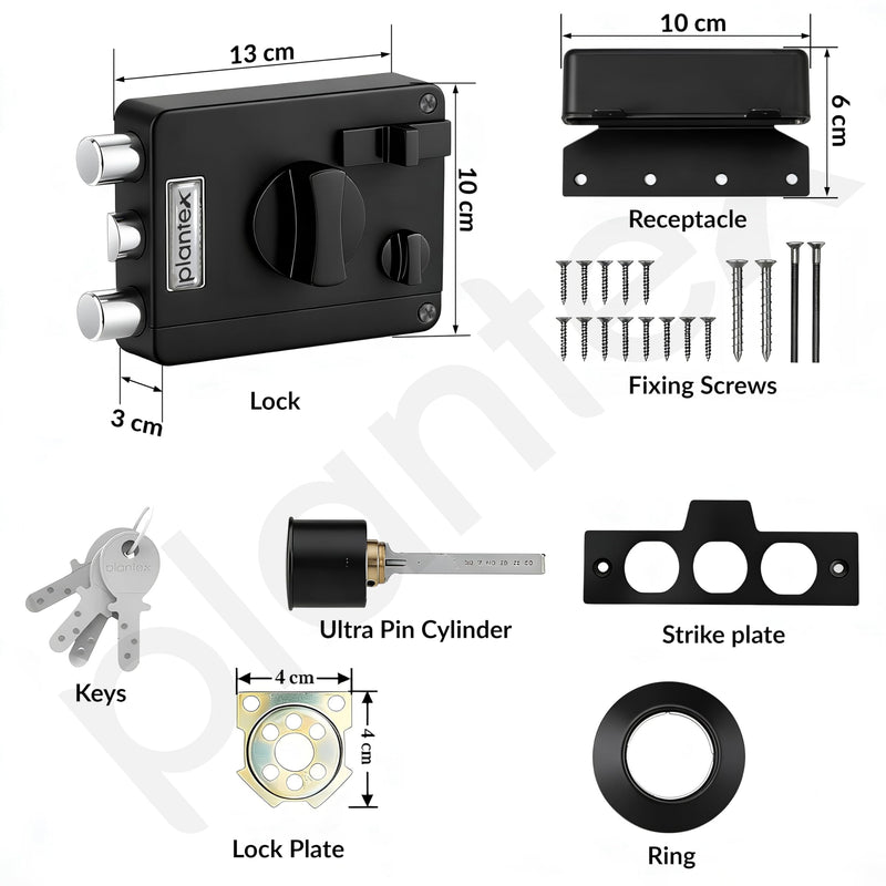 Plantex Heavy Duty Rim Locks for Main Door/Door Lock for Main Door with 4 Keys/Suitable for Inside Opening Wooden Door - Pack of 1 (Z-Black)-6