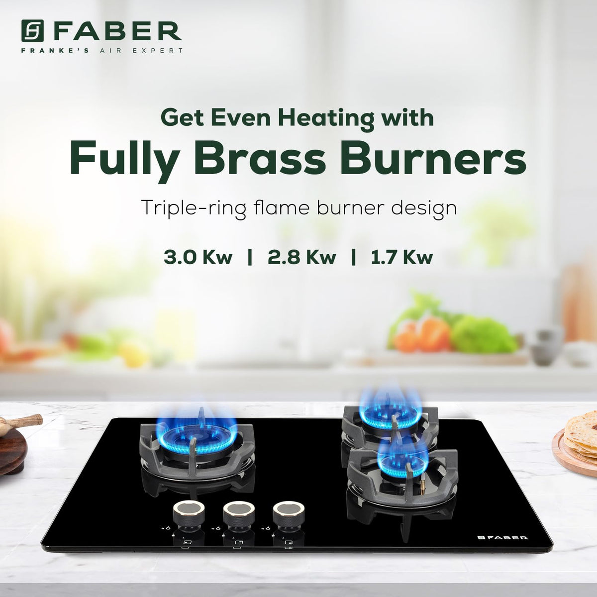 Faber 70Cm 3 Burner Hob|Auto Electric|Built-In Or Hobtop|Brass Burners|Cast Iron Pan Support|Glass Matt Finish|Metal Kno
