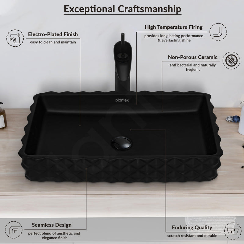 Plantex Ceramic Wash Basin for Bathroom/Table Top Ceramic Basin/Washbasin for Bathroom (Black - 24 x 14 x 5 Inch)-3