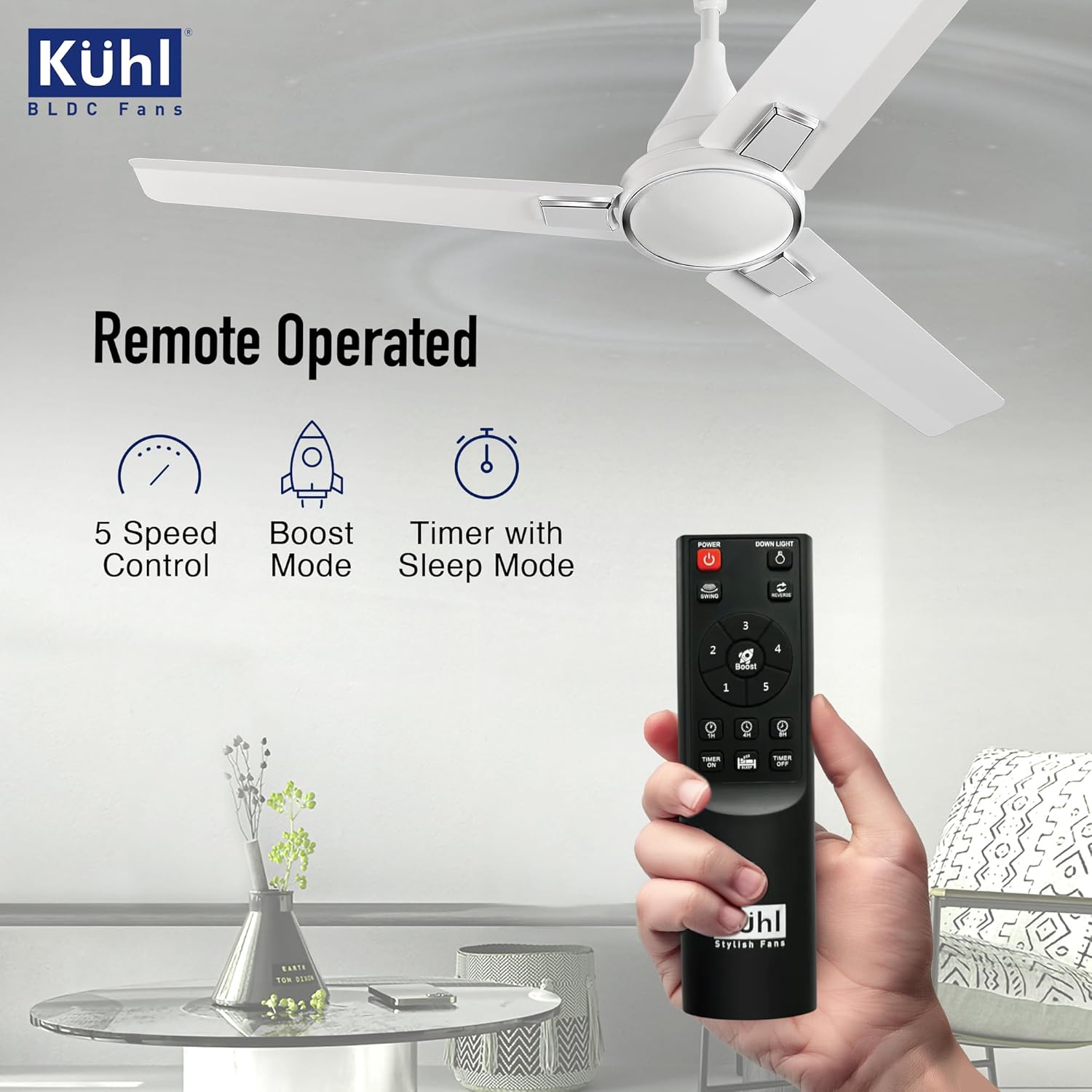 KUHL Prima A5 1200Mm Bldc Ceiling Fan With Remote | Inr 300 Off On Exchange | 5 Star Rated | High Airflow | Saves Up To 65% Electricity | 5-Year Warranty | White