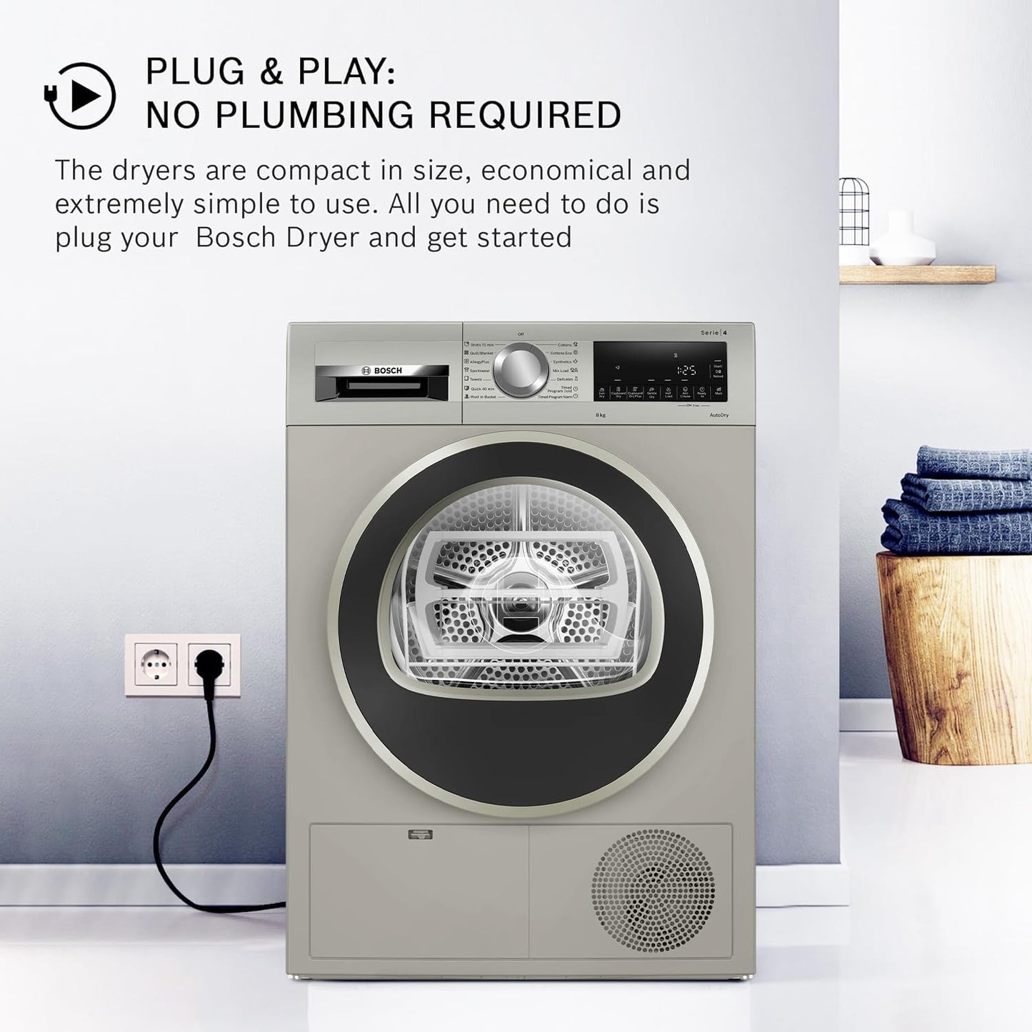 Bosch 8 kg Fully Automatic Front Load Condenser Tumble Dryer (WPG23108IN, 5 Drying Options, 14 Programs, Allergy Plus, 100% Drying with 0% Effort, Inbuilt Heater, Silver)