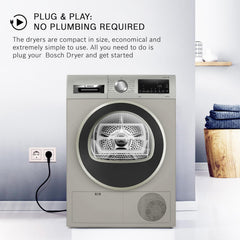 Bosch 8 kg Fully Automatic Front Load Condenser Tumble Dryer (WPG23108IN, 5 Drying Options, 14 Programs, Allergy Plus, 100% Drying with 0% Effort, Inbuilt Heater, Silver)