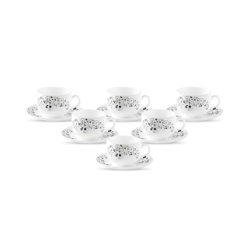 La Opala Diva, Opal Glass Crockery | Coffee Cup & Saucer Iris, Set of 12 | Mystrio Black, 100 ml | for Tea & Coffee | Microwave Safe | 100% Vegetarian | Extra Strong | Super Light | Super White
