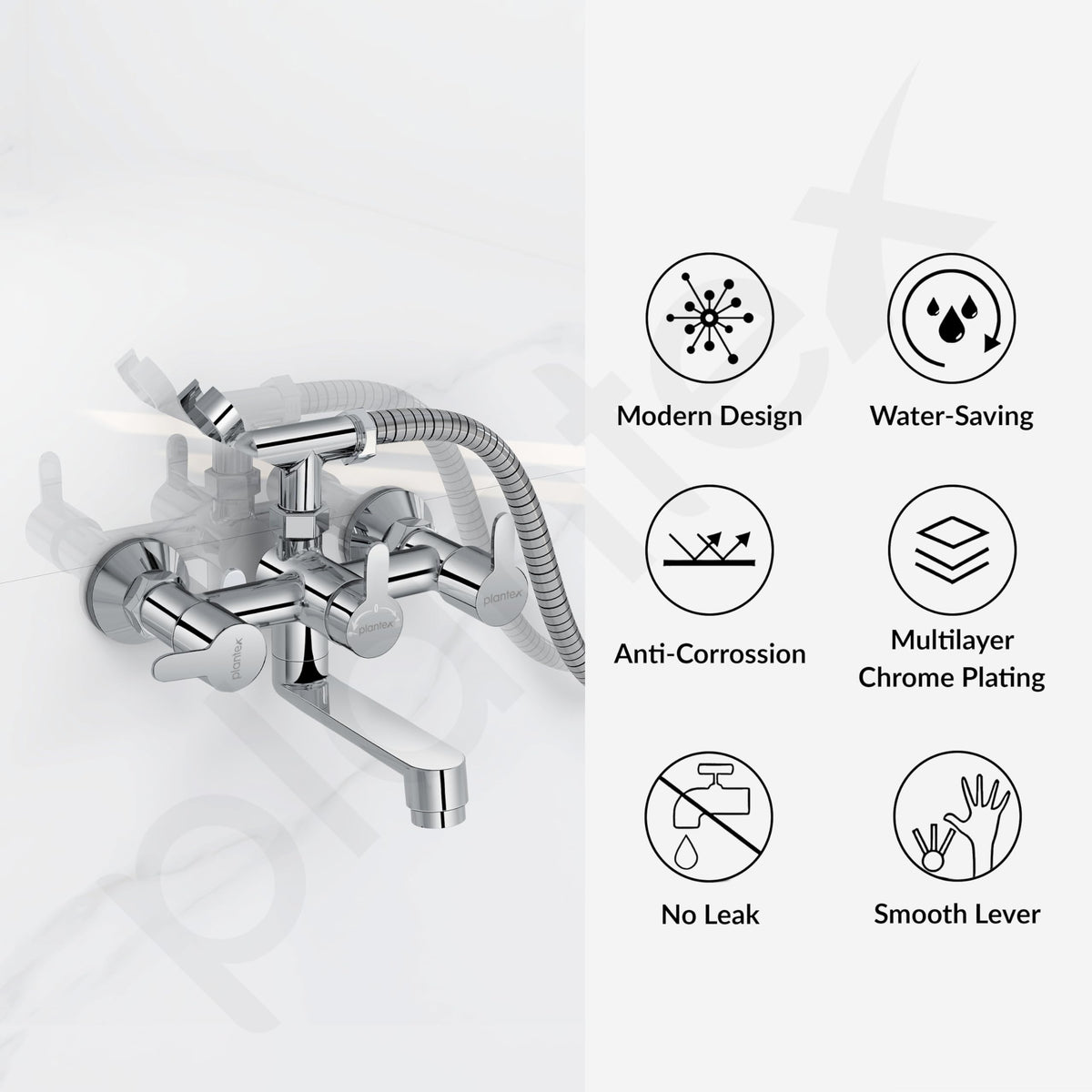 Plantex Telephonic Brass Wall Mixer for Bathroon 2 in 1/Hand Shower 8 Modes/1.5 mtr. Hose Pipe with Self Adhesive Bracket/Bathroom Accessories-3
