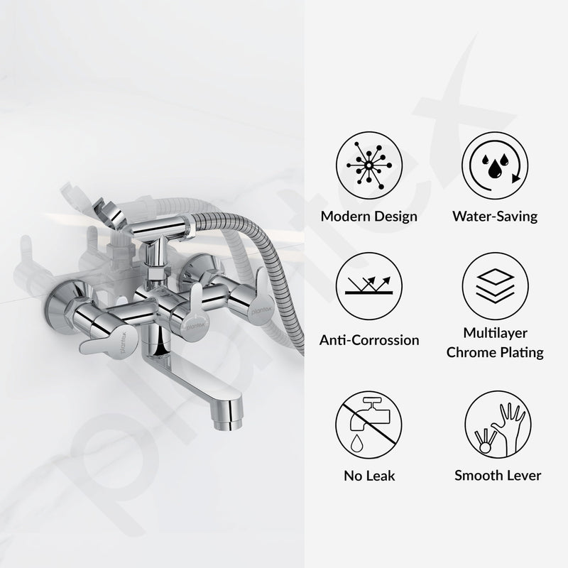 Plantex Telephonic Brass Wall Mixer for Bathroon 2 in 1/Hand Shower 8 Modes/1.5 mtr. Hose Pipe with Self Adhesive Bracket/Bathroom Accessories-3