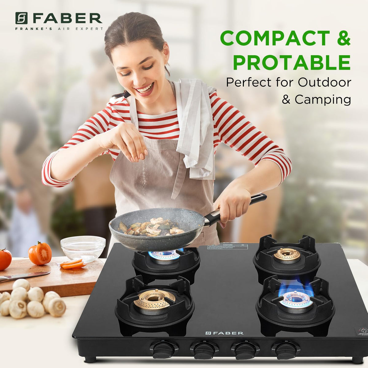 Faber 4 Burner Auto-Ignition Cooktop| ONYX AI 4BB BK |Black ABS Knobs| Brass Burners| Cast Iron Pan Support| Black Glass