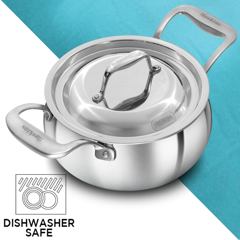 Hawkins Pro 2 Litre Handi with Lid, Triply Stainless Steel Sauce Pan for Cooking and Serving Biriyani, Silver (PSH20S)