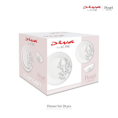 Diva by La Opala, Pearl Collection, Opal Glass Dinner Set 28 pcs, Turquoise Trims, White