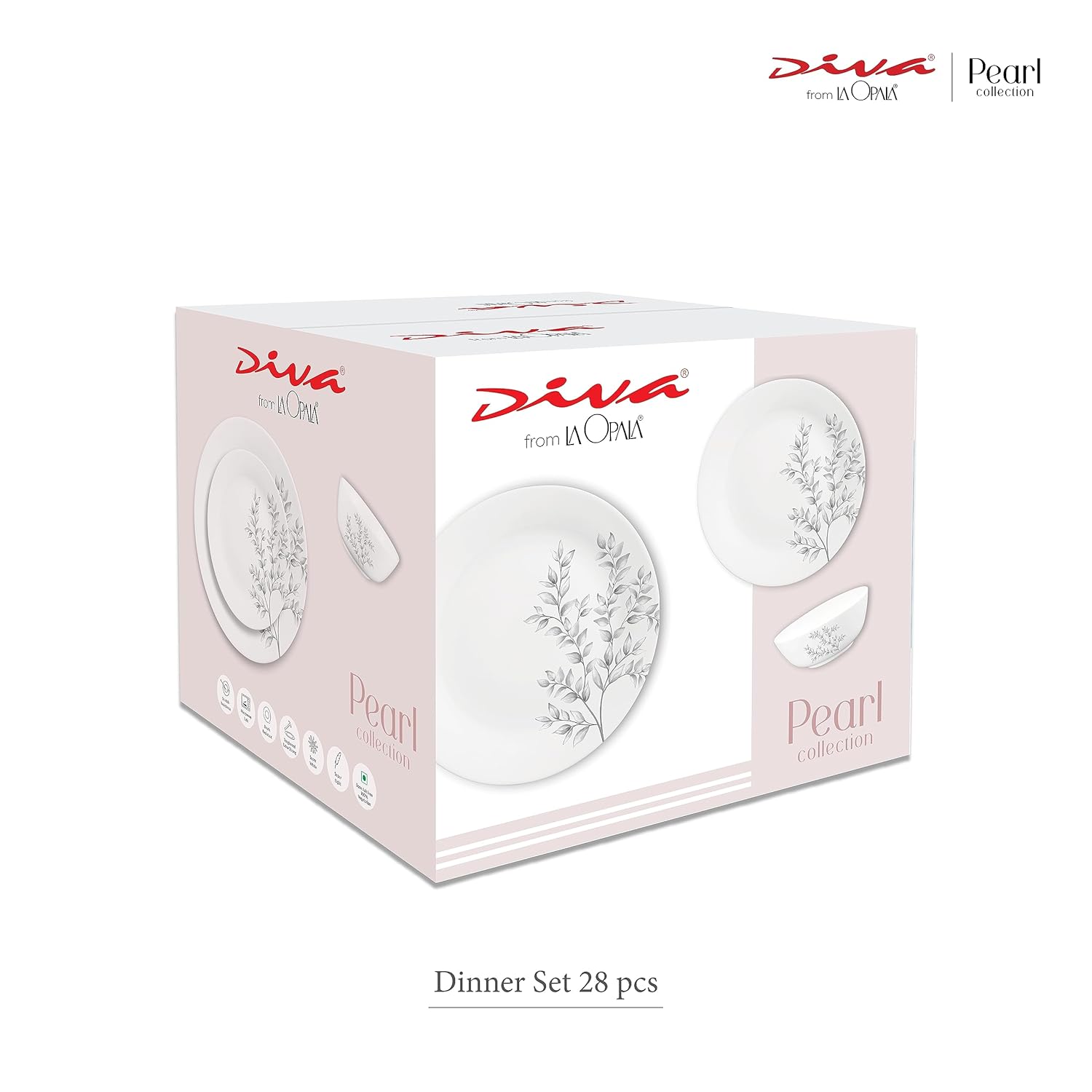 Diva by La Opala, Pearl Collection, Opal Glass Dinner Set 28 pcs, Indigo Bliss, White