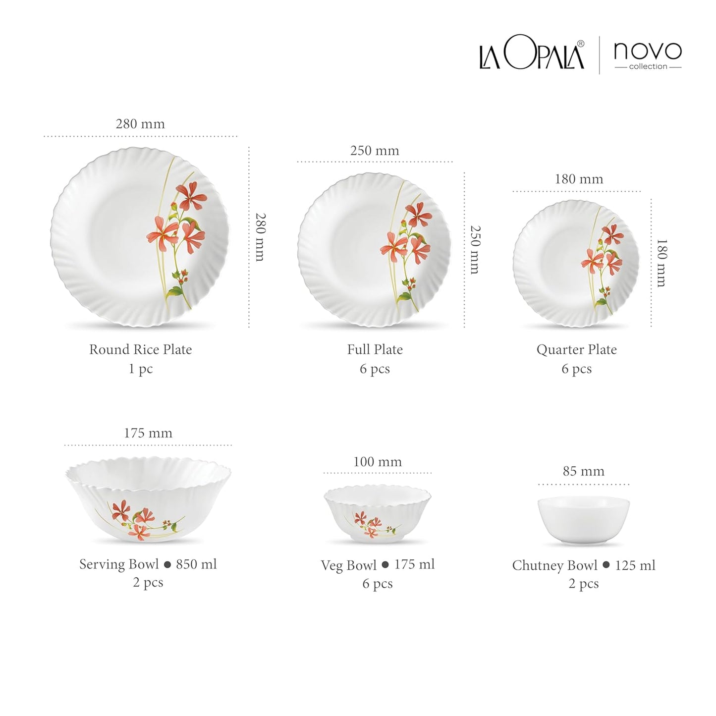 La Opala, Novo Collection, Opal Glass Floral Dinner Set 23 Pcs, Coral Charm, White