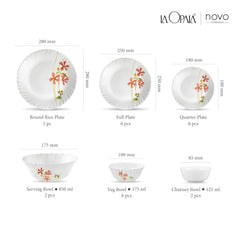 La Opala, Novo Collection, Opal Glass Floral Dinner Set 23 Pcs, Coral Charm, White