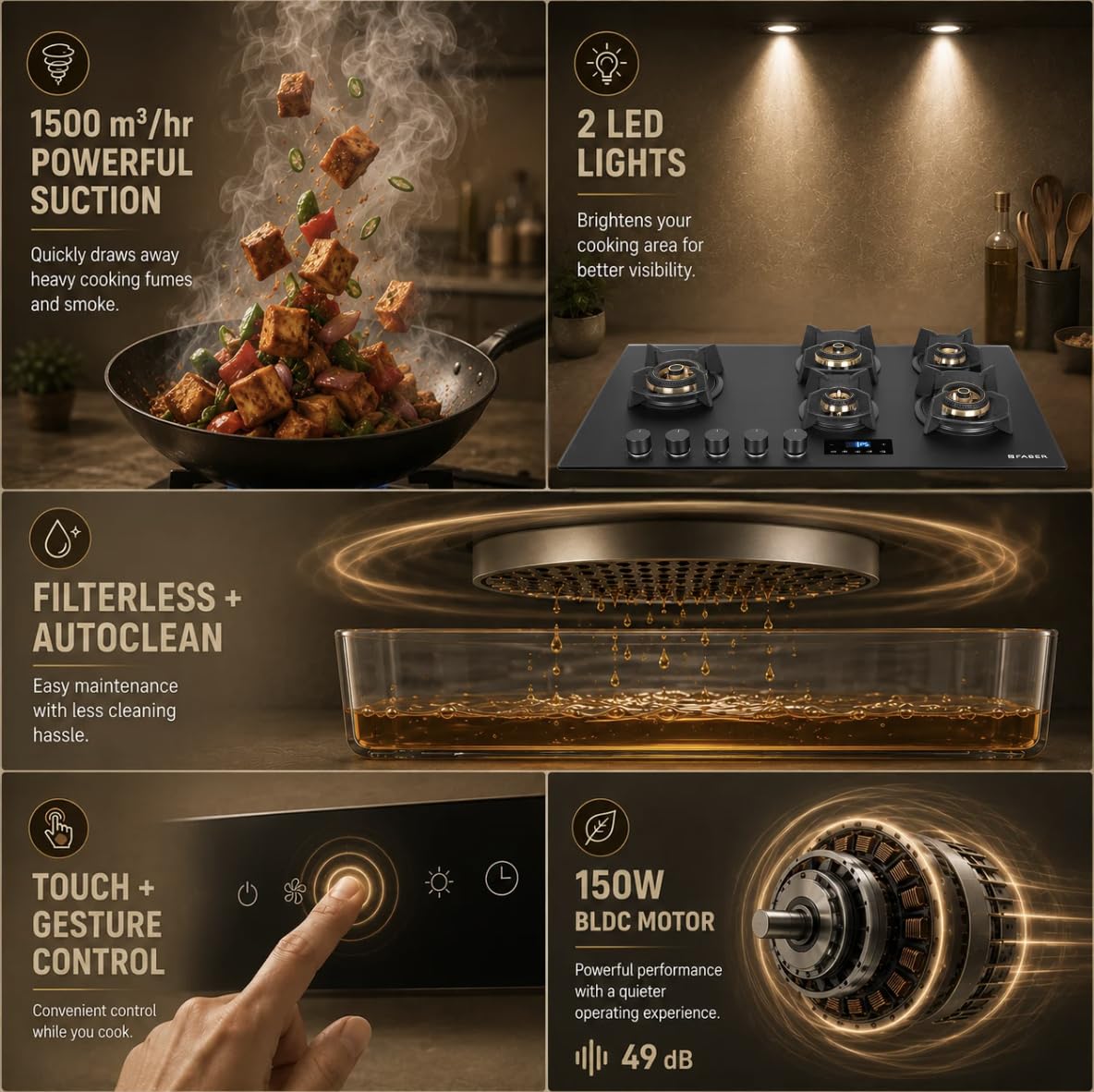 Faber Energy 60cm 1500m³/hr BLDC Autoclean Chimney|9 Speed Silent Hood|Energy Efficient|Filterless |Touch&Gesture Contro