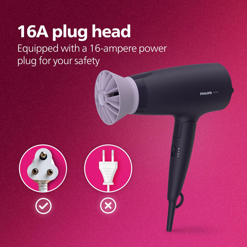 Philips Foldable Hair Dryer 2100W, 6 HeatxSpeed Settings Cool Shot Advanced Ionic Care Frizz-Free Shine (BHD356/10)