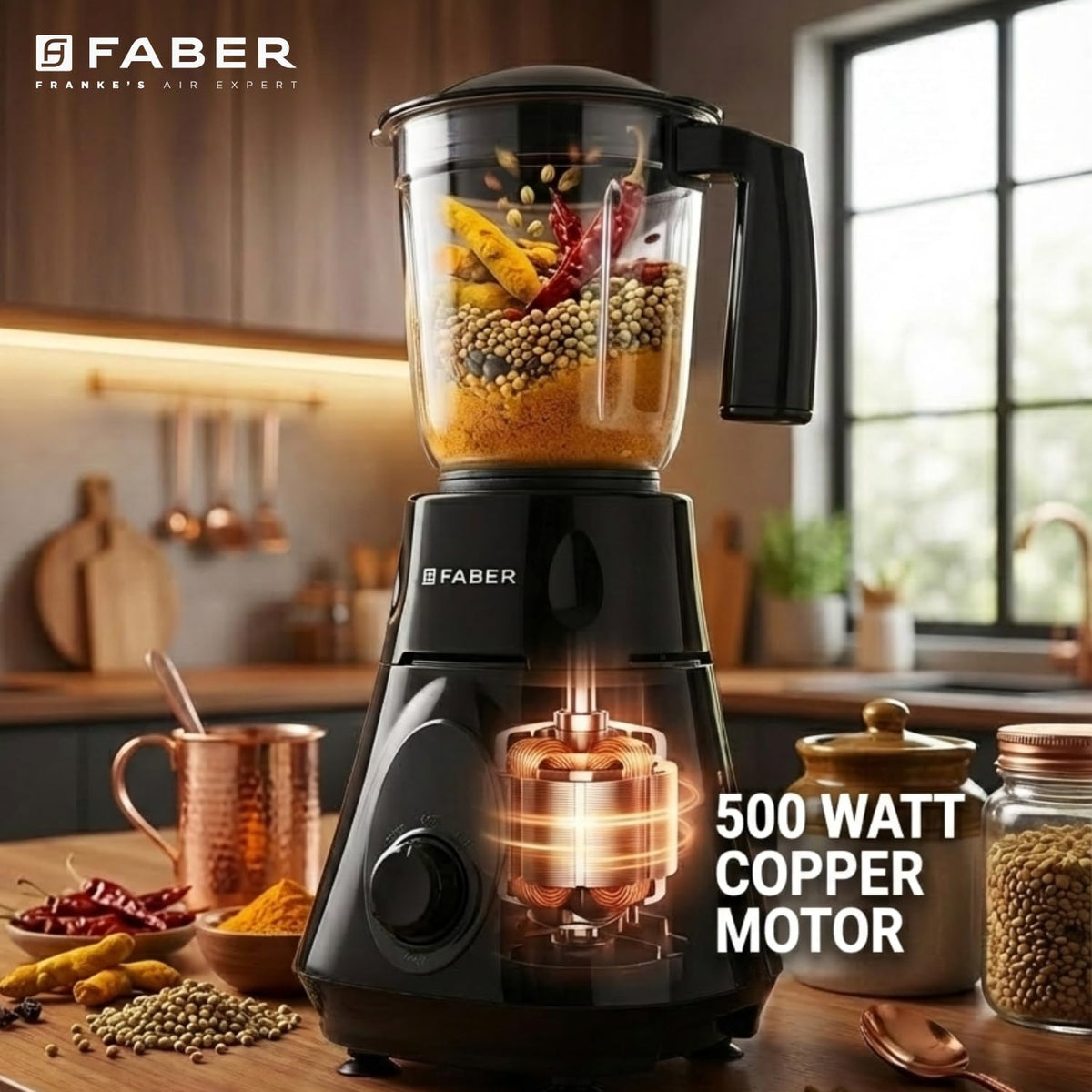Faber Apollo Black Mixer Grinder|500w Copper Motor|3 Stainless Steel Jars & Blades|Easy to Clean| 2yrs Warranty on Produ