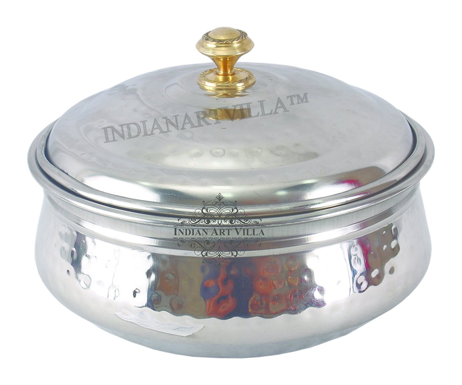 Handmade Pure Steel Hammered Design Handi Bowl or Lid with Brass Knob- 1000 ML