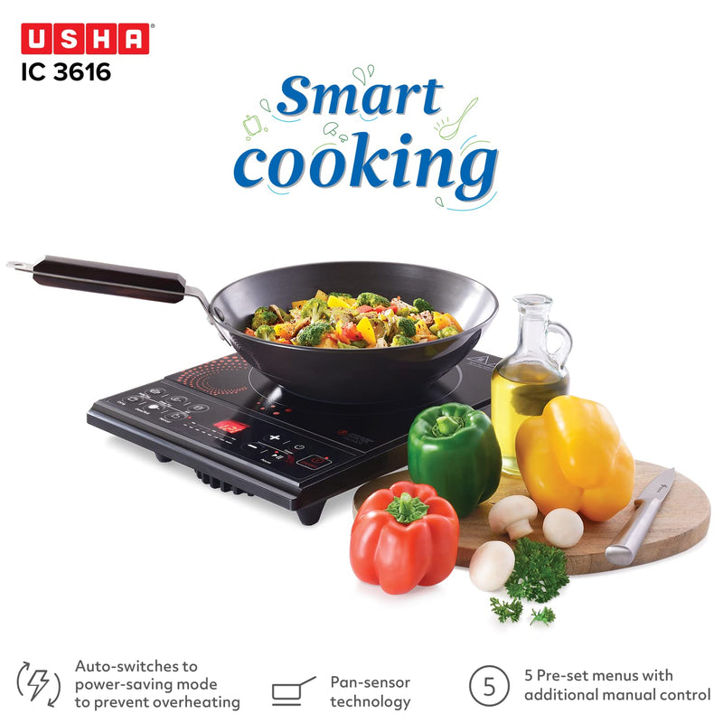 USHA Cook Joy (3616) 1600-Watt Copper Sealed Induction Cooktop (Black) & 3345 450-Watt Juicer Mixer Grinder with 2 Jars (White)