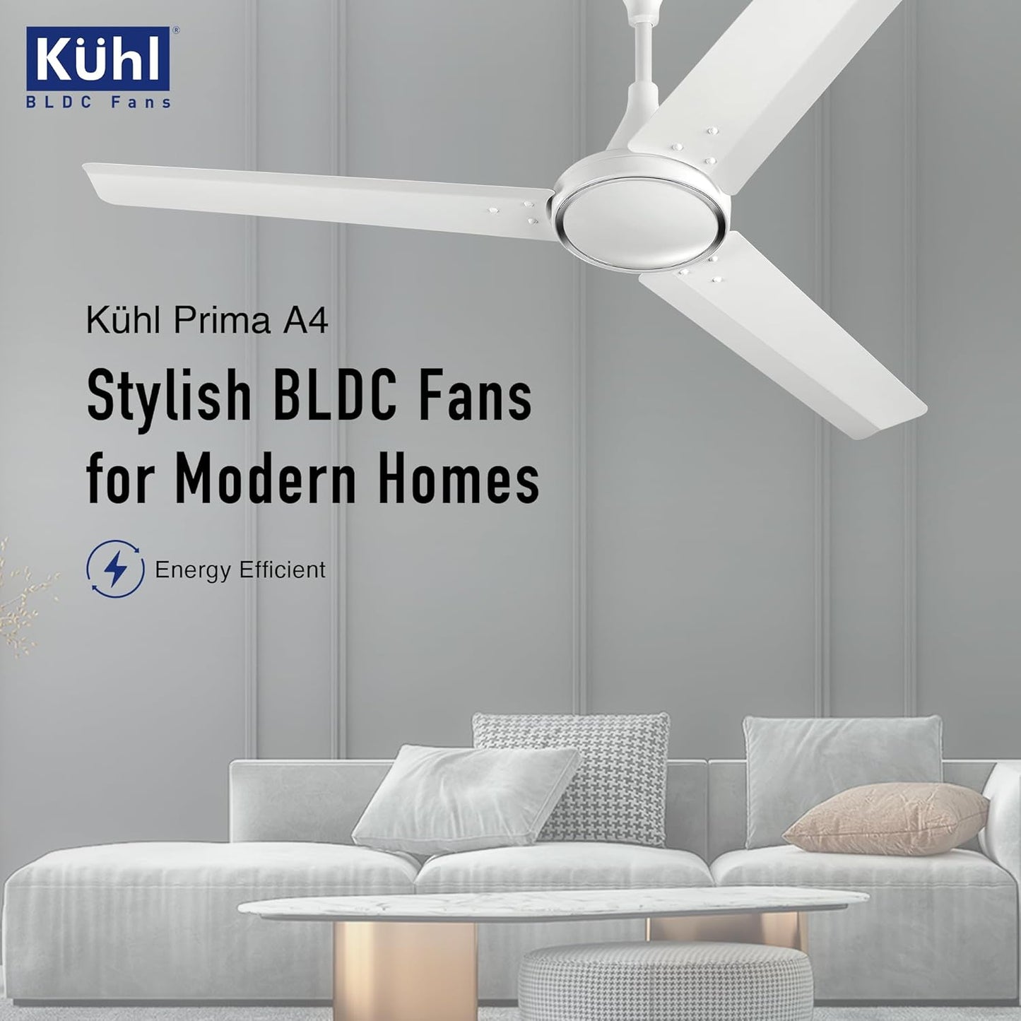 KUHL Prima A4 1200mm Decorative Power Saving BLDC Ceiling Fan with Remote | 29W | Saves upto 65% Electricity | 5 Star | High Air Flow | Stylish Design | White