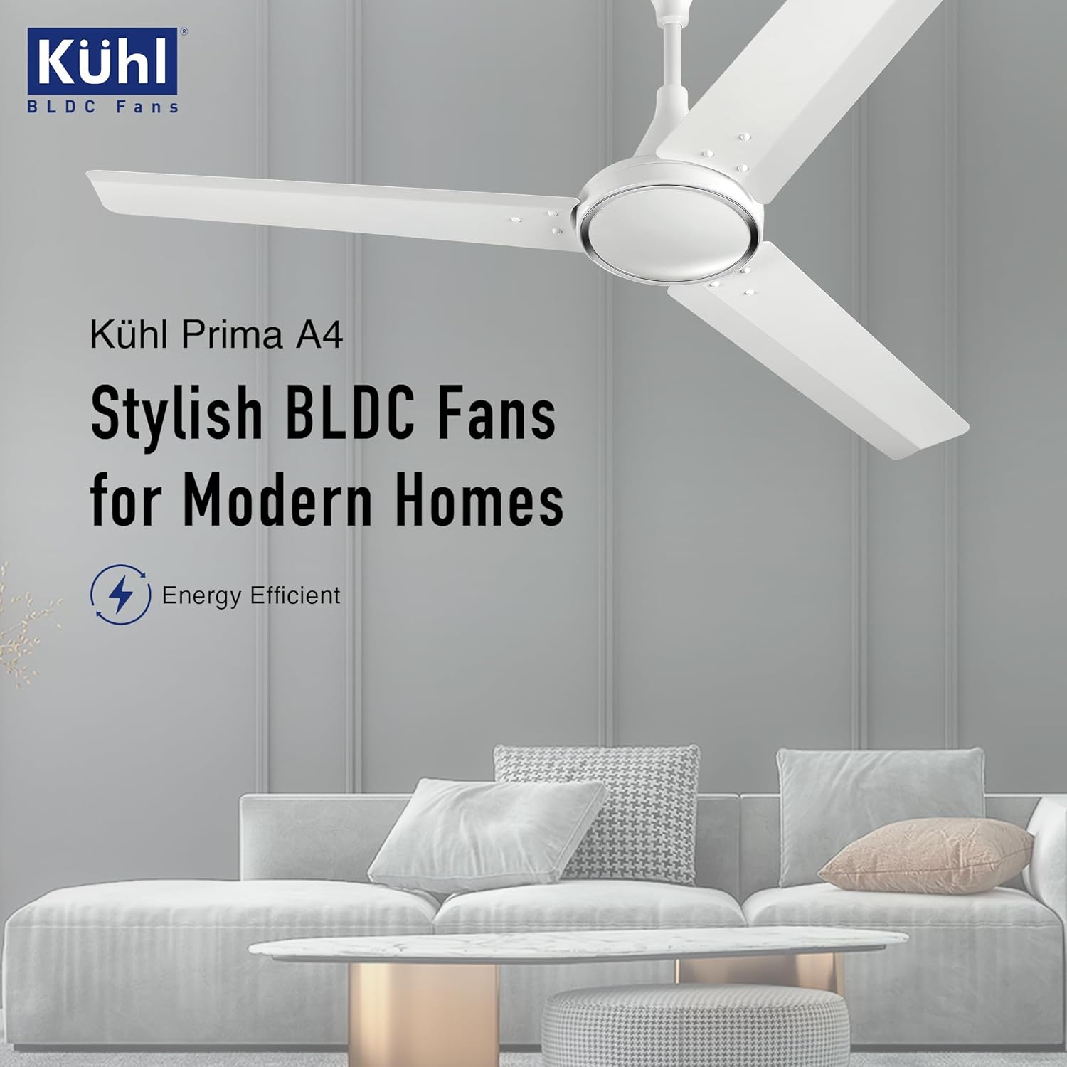 KUHL Prima A4 1200mm Decorative Power Saving BLDC Ceiling Fan with Remote | 29W | Saves upto 65% Electricity | 5 Star | High Air Flow | Stylish Design | White