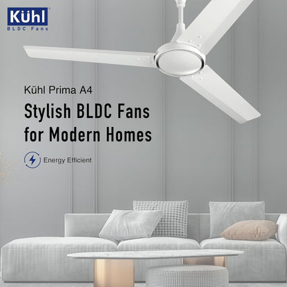 KUHL Prima A4 1200mm Decorative Power Saving BLDC Ceiling Fan with Remote | 29W | Saves upto 65% Electricity | 5 Star | High Air Flow | Stylish Design | White