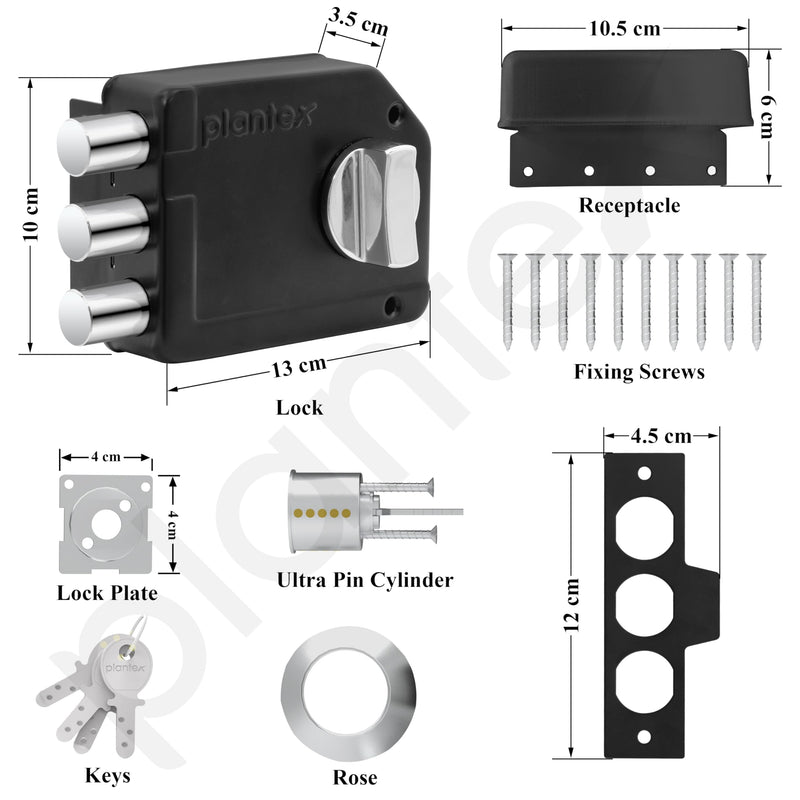Plantex Brass Tri-Bolt Lock For Main Door/Heavy Duty Door Lock With 4 Keys/Suitable On Single Door For Home/Office/Hotel - Pack Of 1 (Z-Black) (Model APS-TB005)-4