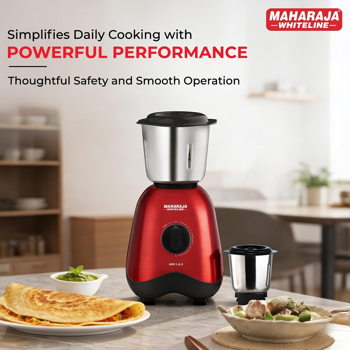 Maharaja Whiteline Neo 1..2..3 Mixer Grinder | 500 W Motor, 20,000 RPM | Long Running Time, Cooler Operation | Durable Coupler, Vacuum Foothold | Stainless Steel Blades | 2 Versatile Jars