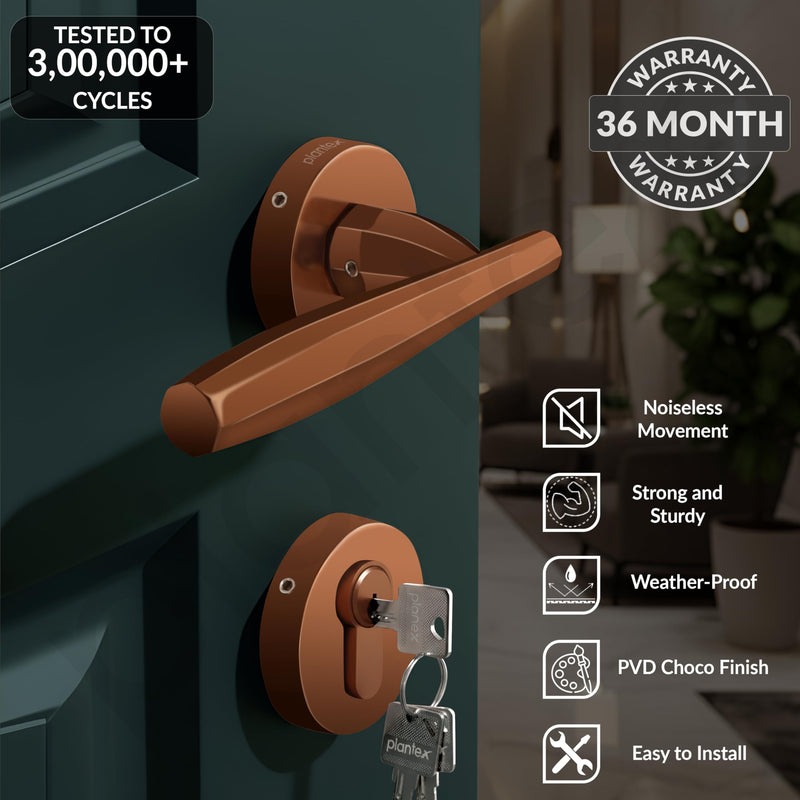 Plantex Door Handle Lock/Main Door Lock Set for Home/Mortise Lock Set with Brass Lock Body & Cylinder (7135, PVD-Choco)-6