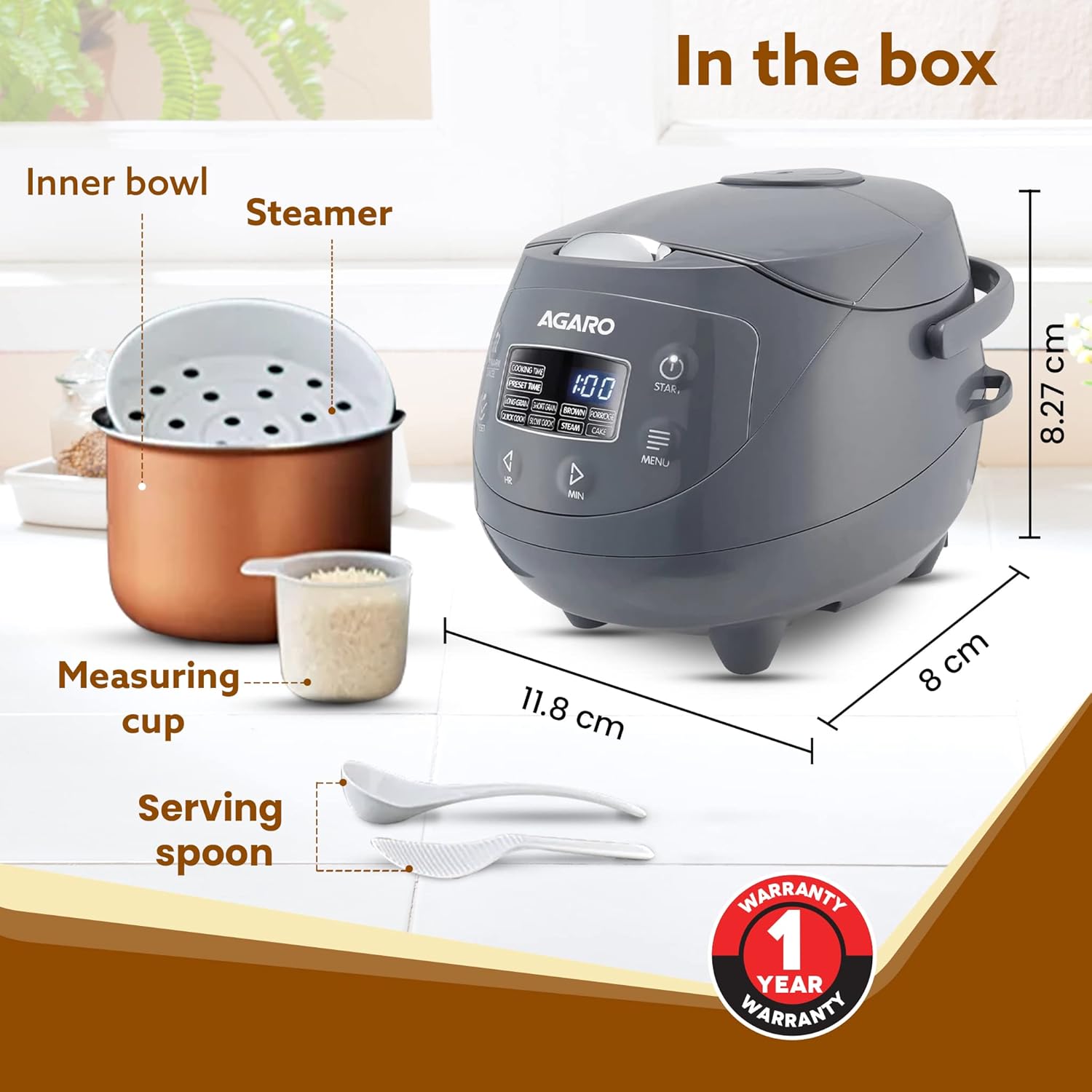 AGARO Imperial Electric Rice Cooker, 2L Ceramic Coated Inner Bowl, 500 gms (approx. 3.5 cups) raw rice, Steam Basket, 8 Preset Cooking Function, Advanced Fuzzy Logic, 24Hrs Keep Warm Function, 350W