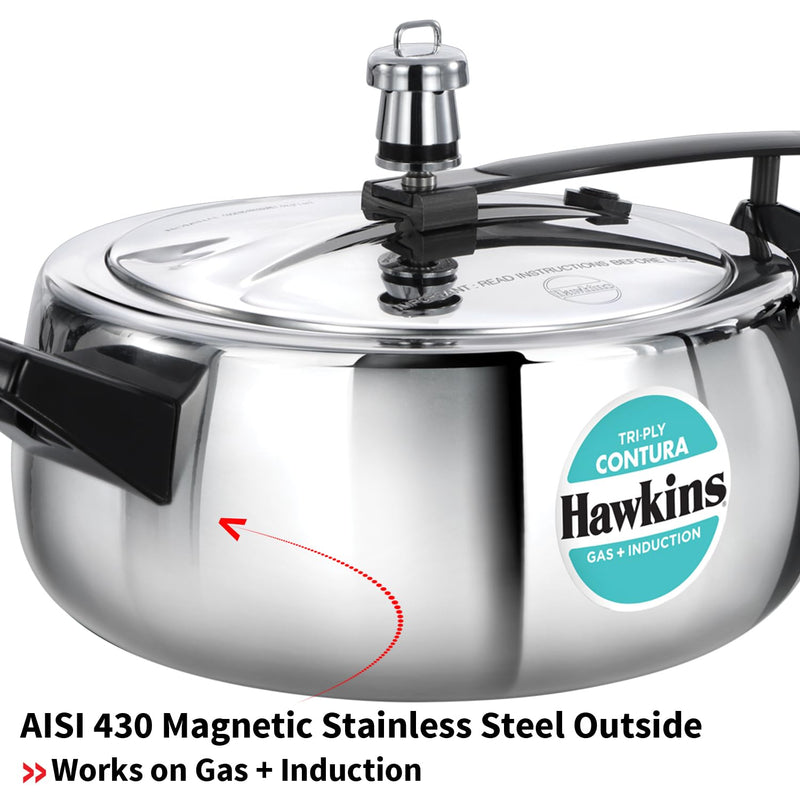 Hawkins 3.5 Litre Triply Contura Pressure Cooker, Triply Stainless Steel Induction & Contura shaped Cooker, Silver (SSTCO35)