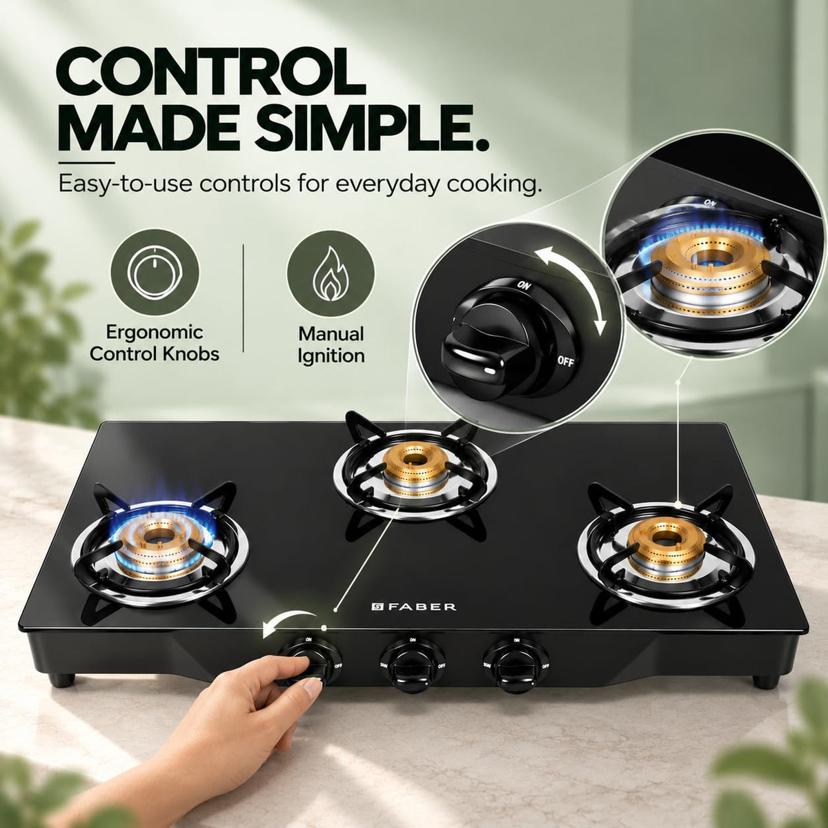 Faber Jumbo 3 Brass Burner Cooktop | 1 Jumbo, 1 Medium, 1 Small | Drip Tray | Toughened Glass | Manual Ignition | Ergono