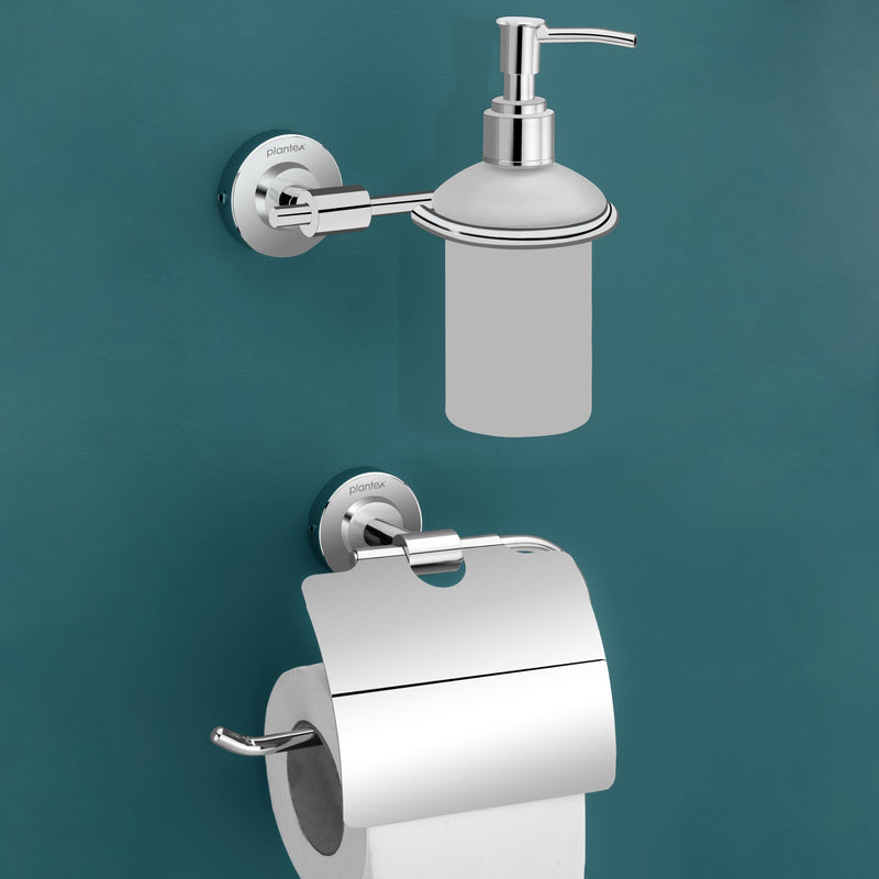 Plantex 304 Grade Stainless Steel Washroom Set of 2 - Toilet Paper Holder/Stand/Liquid Soap Dispenser - Daizy (Chrome)-1