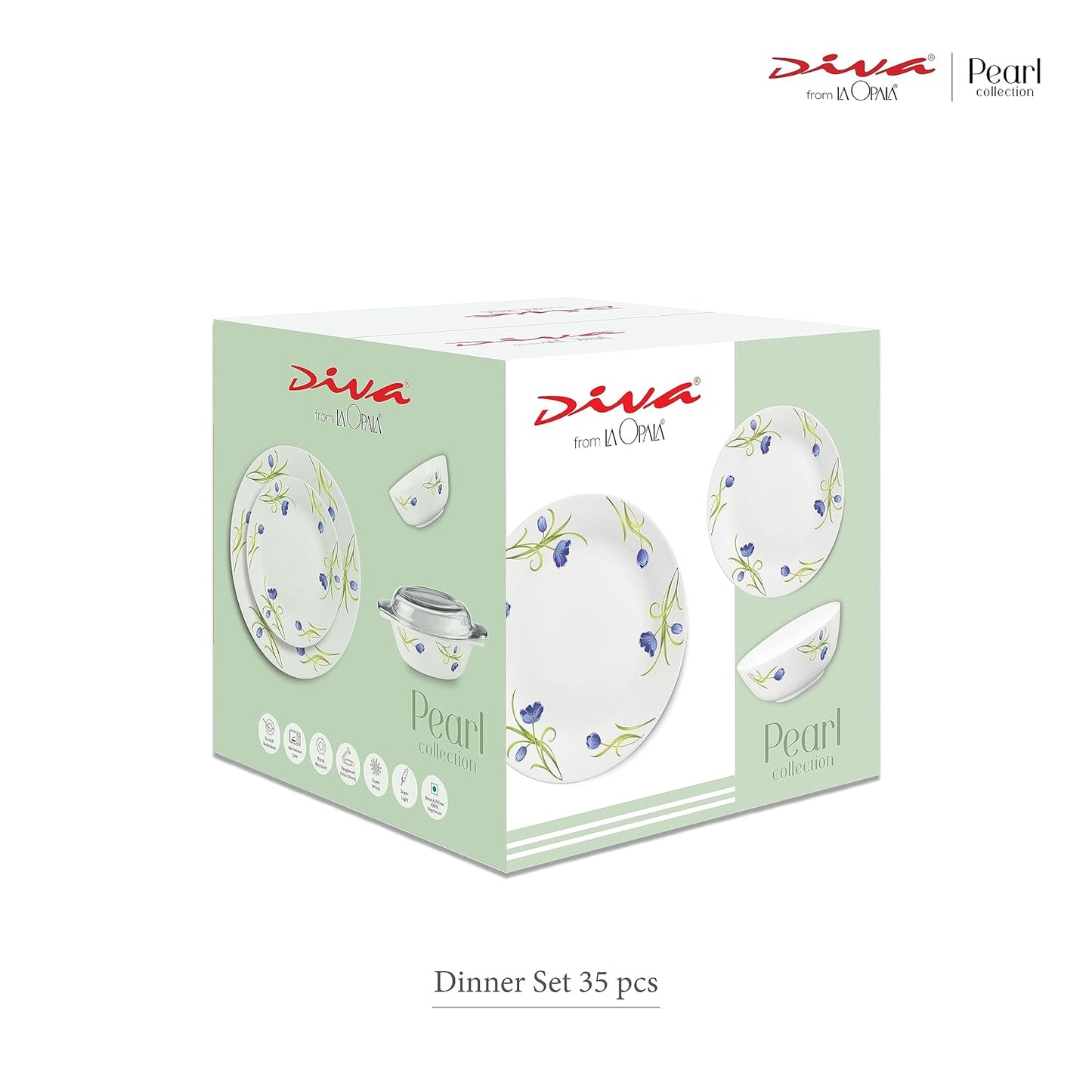 Diva by La Opala, Pearl Collection, Opal Glass Dinner Set 35 pcs, Zen Garden, White