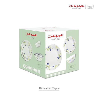 Diva by La Opala, Pearl Collection, Opal Glass Dinner Set 35 pcs, Turquoise Trims, White