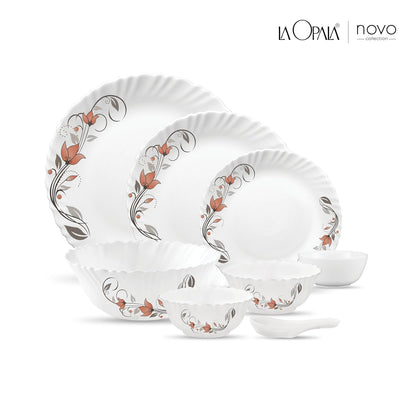 La Opala Novo Collection Opal Glass Crockery | for Family of 6 | Dinner Set 35 pcs Scarlet Duet | Plates & Bowls for Dining | Microwave Safe | 100% Vegetarian | Extra Strong | Light & White
