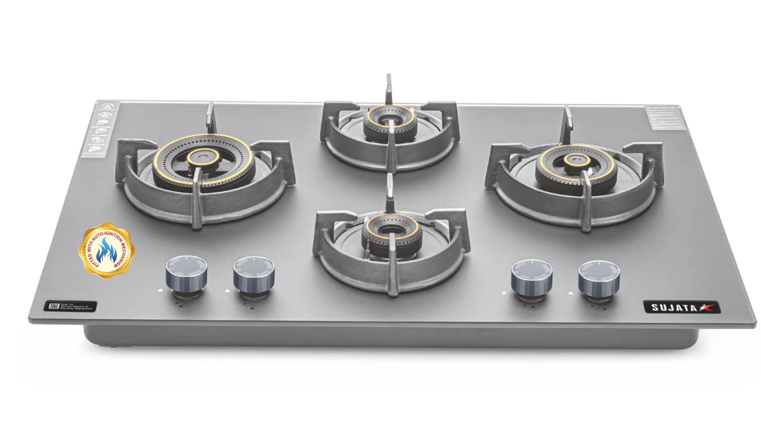 Sujata 3 Burner Gas Stove Glass Top | 5 Years Warranty | Auto Ignition Gas Stove 3 Burner, CookTop cum Hob Top 3 Burners, LPG & PNG Compatible, Brass Burner (Palladium FFD Auto Ignition - Black)
