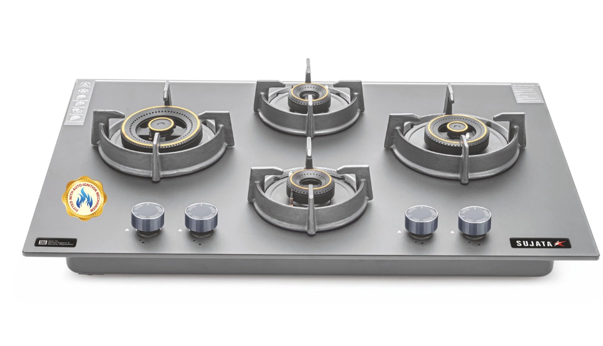 Sujata 3 Burner Gas Stove Glass Top | 5 Years Warranty | Auto Ignition Gas Stove 3 Burner, CookTop cum Hob Top 3 Burners, LPG & PNG Compatible, Brass Burner (Indium Auto Ignition - Black)
